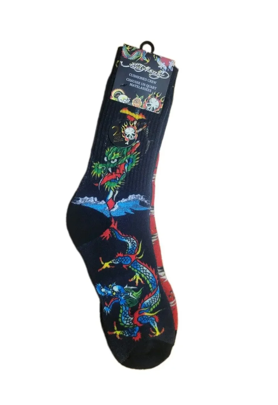 Ed Hardy 2-Pair Cushioned Crew Socks Shoe Size M 6-12, W 7.5 -13.5 Dragon